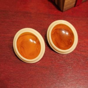 Retro Swirled Amber and Ivory color Oval Button Earrings
